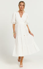 Junmae Midi Dress - Tiered Waffle Wrap Dress in Ivory