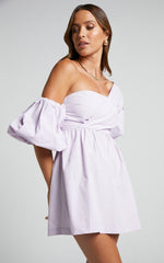 Sula Mini Dress - Asymmetric Off One Shoulder Puff Sleeve Dress in Lilac