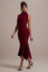 Prianyka | Berry High-Neck Draped Midi Dress