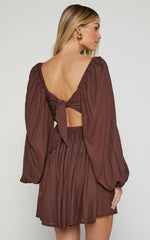Alessandra Mini Dress - Linen Puff Sleeves Dress in Chocolate