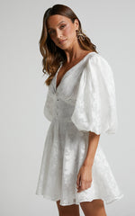 Jammae Mini Dress - Puff Sleeve Dress in White