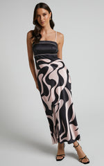 Angela Midi Dress - Thin Strap A Line Dress in Black & Cream Swirl