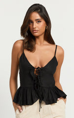 Maya Top - Linen Tie Front Ruffle Hem Top in Black