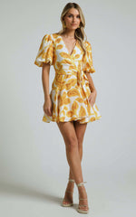 Aleka Mini Dress - V Neck Balloon Sleeve Wrap in Sunshine Floral