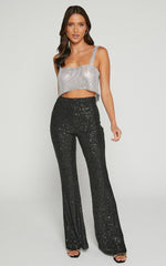Deliza Pants - Mid Waisted Sequin Flare Pants in Black
