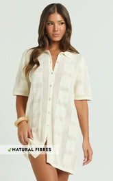 Tully Mini Dress - Knitted Button Through Shift Dress in Cream