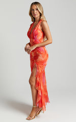 Annie Midi Dress - Wrap Front Ruffle Detail Dress in Orange Floral