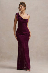 Sangria | Burgundy Satin Jacquard Cowl-Neck Maxi Dress