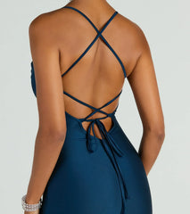 Natalie Cowl Neck Lace-Up Slit Column Dress