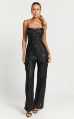 Carlie Jumpsuit - Straight Neck Strappy Sequin in Black