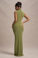 Lanetta | Olive Ruched High-Neck Maxi Dress With Split