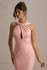 Titania | Pink Twist-Neck Feather Hem Midi Dress