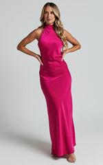 Alycia Maxi Dress - High Neck Tie Back Slip in Pink