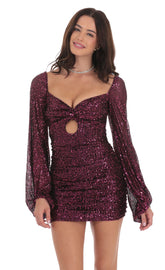 Sequin Cutout Ruched Dress in Ruby Pink