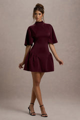 Alva | Burgundy High-Neck Short-Sleeve Mini Dress With Volume Skirt