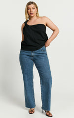 Bobbi Top - Linen Look Knot Detail One Shoulder Top in Black