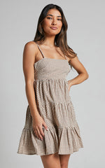 Lorelle Mini Dress - Straight Neck Tiered Dress in Brown Check Gingham