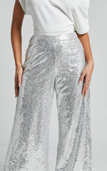 Looma Sequin Pants - High Waisted Super Wide Leg Pants in Silver
