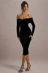 Compliment | Black Velvet Bardot Midi Dress