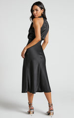 Minnie Midi Dress - Drape Neck Satin Slip Dress in Black