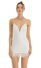 Sequin Feather Fringe Bodycon Dress in White