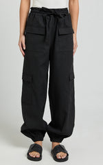 Simpson Pants - Linen Tie Waist Pocket Detail Cargo Pants in Black