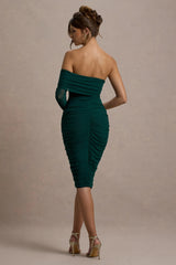Bijou | Bottle Green Asymmetric Bardot Mesh Ruched Midi Dress