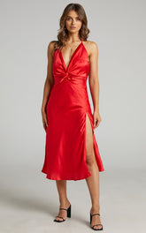Florentina Midi Dress - Twist Front Open Tie Back Dress in Red