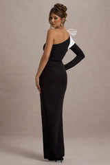 Philomena | Black One-Sleeve Split Maxi Dress With White Bow