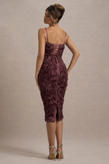 New Love | Dark Mauve Strappy Midi Dress With Mesh Flowers