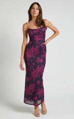 Ariel Midi Dress - Mesh Bodycon Tie Detail Dress in Purple Floral