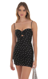 Polka Dot Front Twist Bodycon Dress in Black