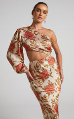 Abagail Midi Dress - One Shoulder Cut Out Dress in Beige Floral