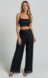 Claudette Pants - High Waist Wide Leg Fringe Sequin Pants in Black