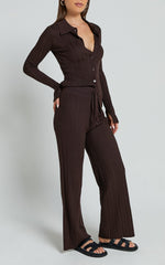 Kelsey Pants - High Drawstring Waist Knit Pants in Chocolate