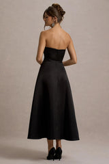 Wintour | Black Satin Sweetheart Midi Dress