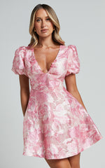 Lettie Mini Dress - Puff Sleeve Circle Hem Dress in Blurred Rose