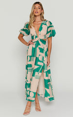 Lindey Midi Dress - Side Cut Plunge Neck Puff Sleeve Dress in Green and Cream Geo