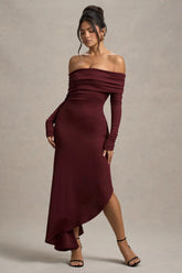 Romina | Port Rib Knit Bardot Maxi Dress With Asymmetric Hem
