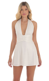 Shimmer Halter Plunge Neck Dress in Off White