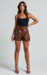 Kori Shorts - Faux Leather Tailored Shorts with Belt in Chocolate