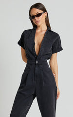 Jordyn Jumpsuit - Short Sleeve Collared Button Through Denim Jumpsuit in Black Wash