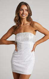 Elisabeth Mini Dress - Bead Fringe Strapless Sequin Dress in White