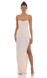 Iridescent Sequin Corset Maxi Dress in Pink