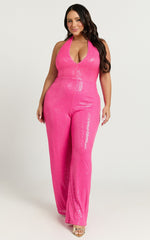 Belle Jumpsuit - Plunge Halter Sequin Jumpsuit in Hot Pink