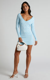 Lizia Mini Dress - Intarsia V Neck Long Sleeve Bodycon Dress in Wavy Stripe
