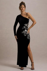 Chance | Black Embroidered Velvet One-Sleeve Maxi Dress