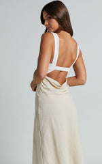 Dovie Midi Dress - Linen V Neck Low Back Cut Out Flare Dress in Beige and White