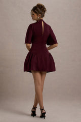 Alva | Burgundy High-Neck Short-Sleeve Mini Dress With Volume Skirt