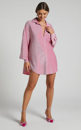 Ruri Mini Dress - Sparkly Oversized Shirt Dress in Pink